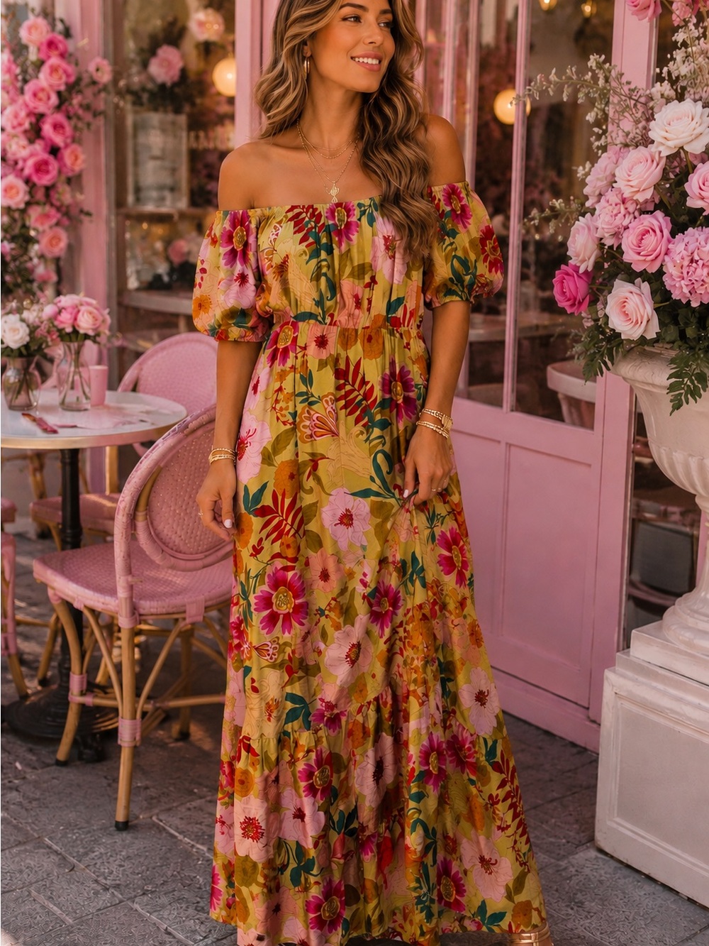 Avara Off-Shoulder Floral Maxi Dress in Mustard